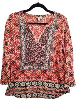 Lucky Brand Coral and Navy Printed Tunic Top